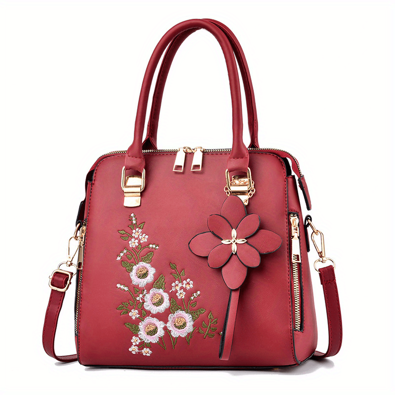 Women's Elegant Embroidered Tote Bag, Faux Leather Satchel Bag, Classic Zipper Shoulder Bag