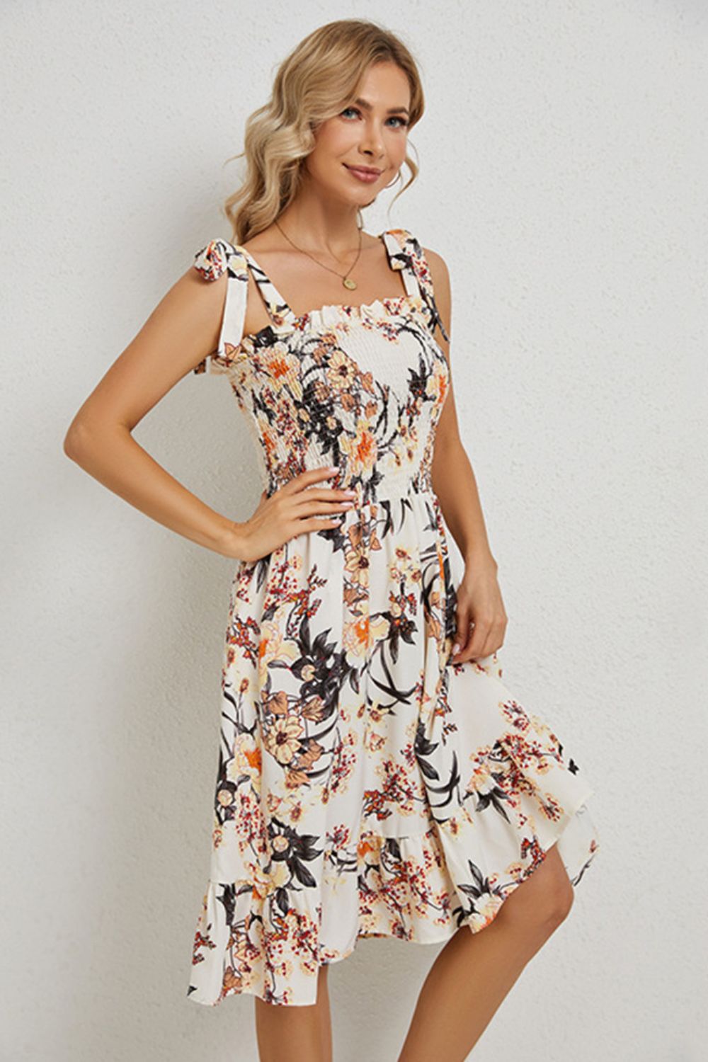 Floral Tie Shoulder Smocked Ruffle Hem Dress