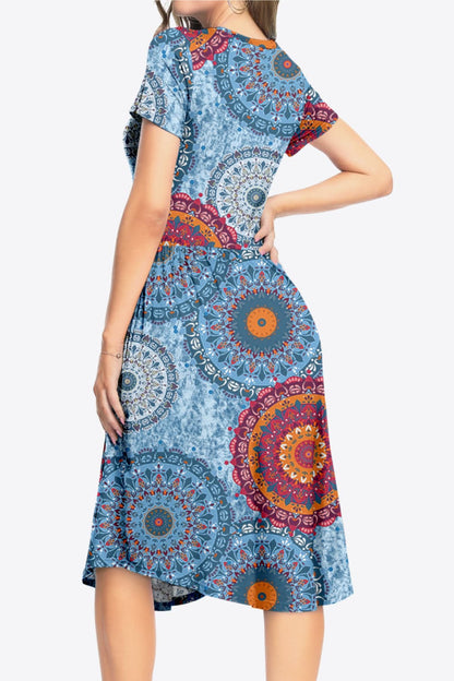 Printed Round Neck Short Sleeve Dress with Pockets