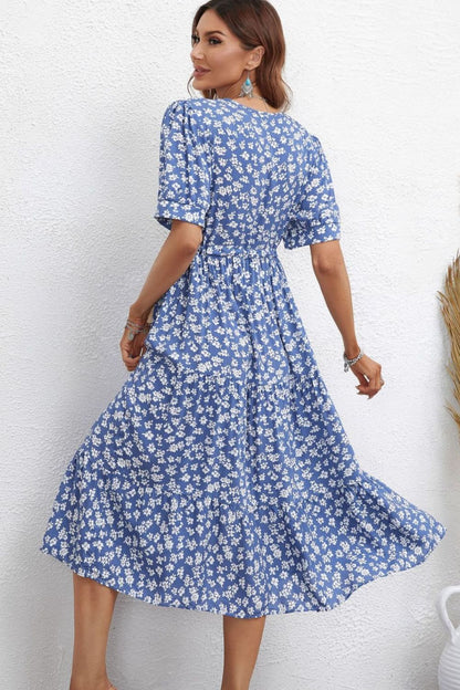 Floral Drawstring Waist Short Sleeve Midi Dress