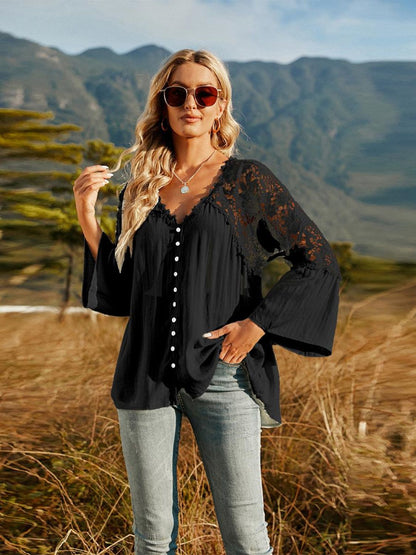 Spliced Lace Buttoned Blouse