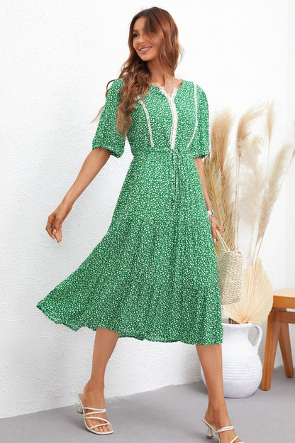 Printed Drawstring Waist Notched Neck Dress