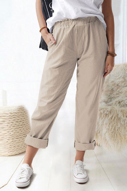 Paperbag Waist Pull-On Pants with Pockets