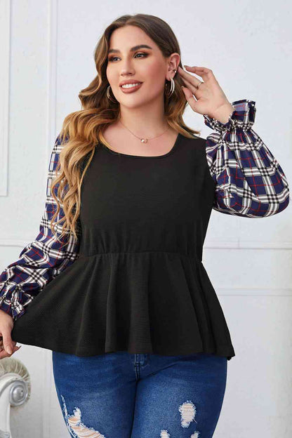 Melo Apparel Blouse froncée à col carré et imprimé écossais grande taille