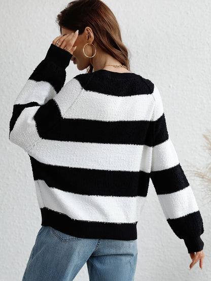 Striped Raglan Sleeve Ribbed Trim Knit Top