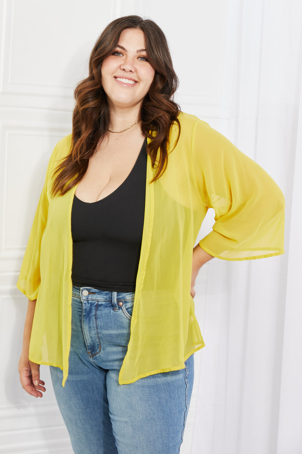 Melody Just Breathe Full Size Chiffon Kimono in Yellow