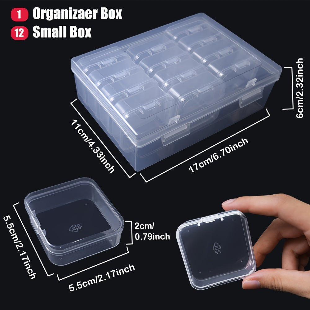 12pcs Mini Clear Plastic Beads Storage Box (2.12"x2.12"x0.79"), Small Empty Organizer Box With Hinged Lid For Storage Of Small Items, Jewelry,Hardware,DIY Art Craft Accessory