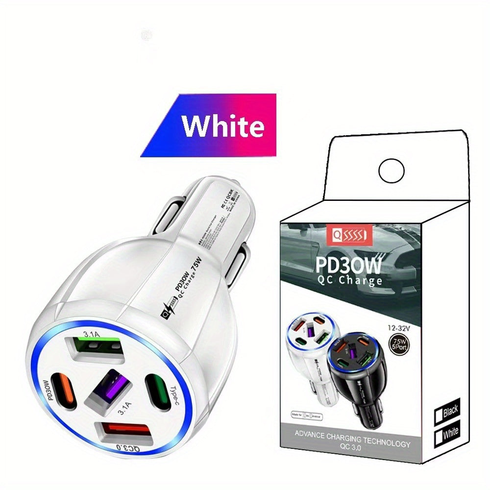 75W Fast Charging 5-in-1 Car Charger: 3USB+2PD, Dual Line, One Drag, Mobile Phone Charger