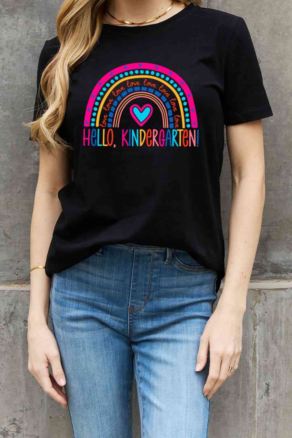 Simply Love Full Size LOVE HELLO KINDERGARTEN Rainbow Graphic Cotton Tee