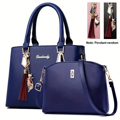 Women's 2-Piece PU Leather Bag Set - Tassel Decor Handbag & Crossbody Purse for Work & Office