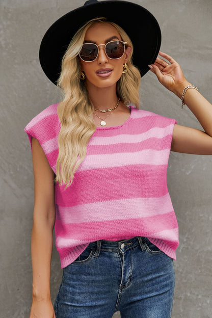 Striped Round Neck Cap Sleeve Knit Top