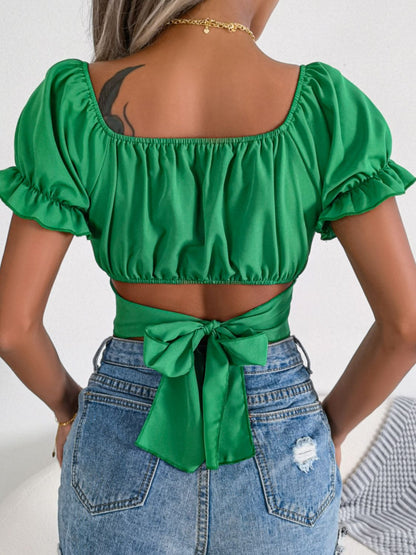 Square Neck Crisscross Flounce Sleeve Cropped Top