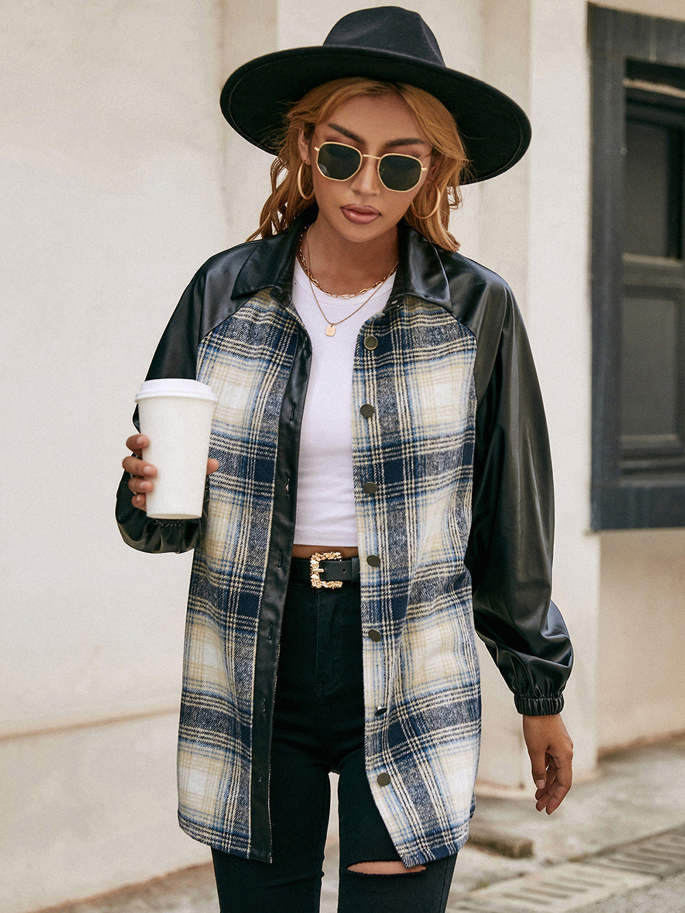 Plaid Button Down Raglan Sleeve Jacket