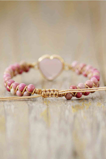 Bracelet perlé coeur en quartz rose