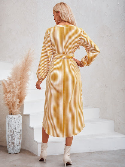 Striped Notched Neck Curved Hem Long Sleeve Dress